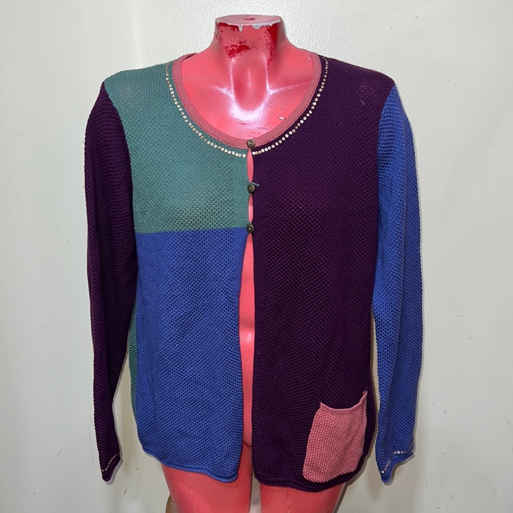 Gudrun Sjoden Colorblock Knit Cardigan Sweater - Purple, Blue, Teal, Pink